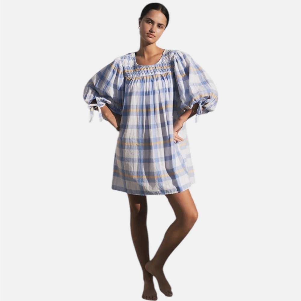 Daughters of India cotton Blue and Yellow Plaid Dress